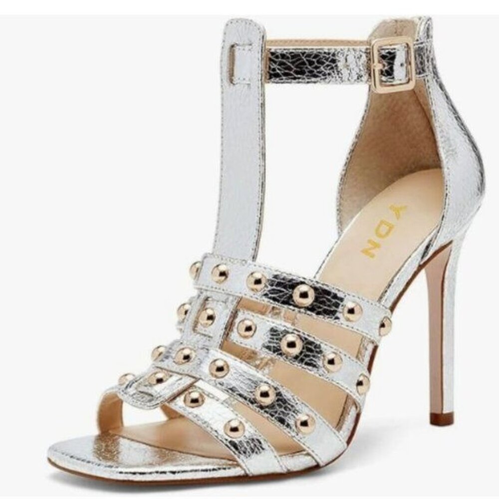 YDN Silver Studded Open Toe Gladiator T Strap High Heel Sandals Back Zipper Shoe